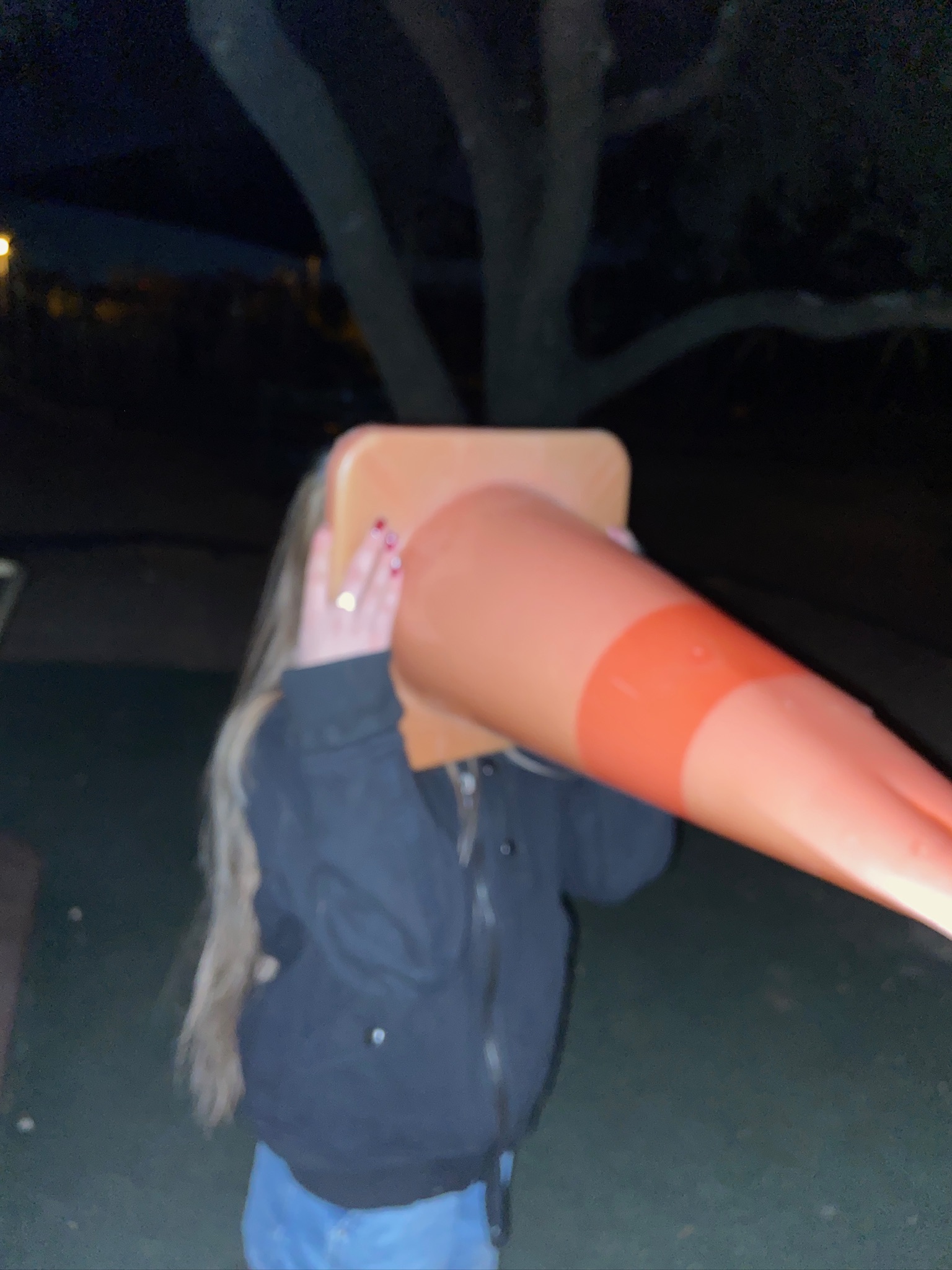 Melanie with a traffic cone on her head